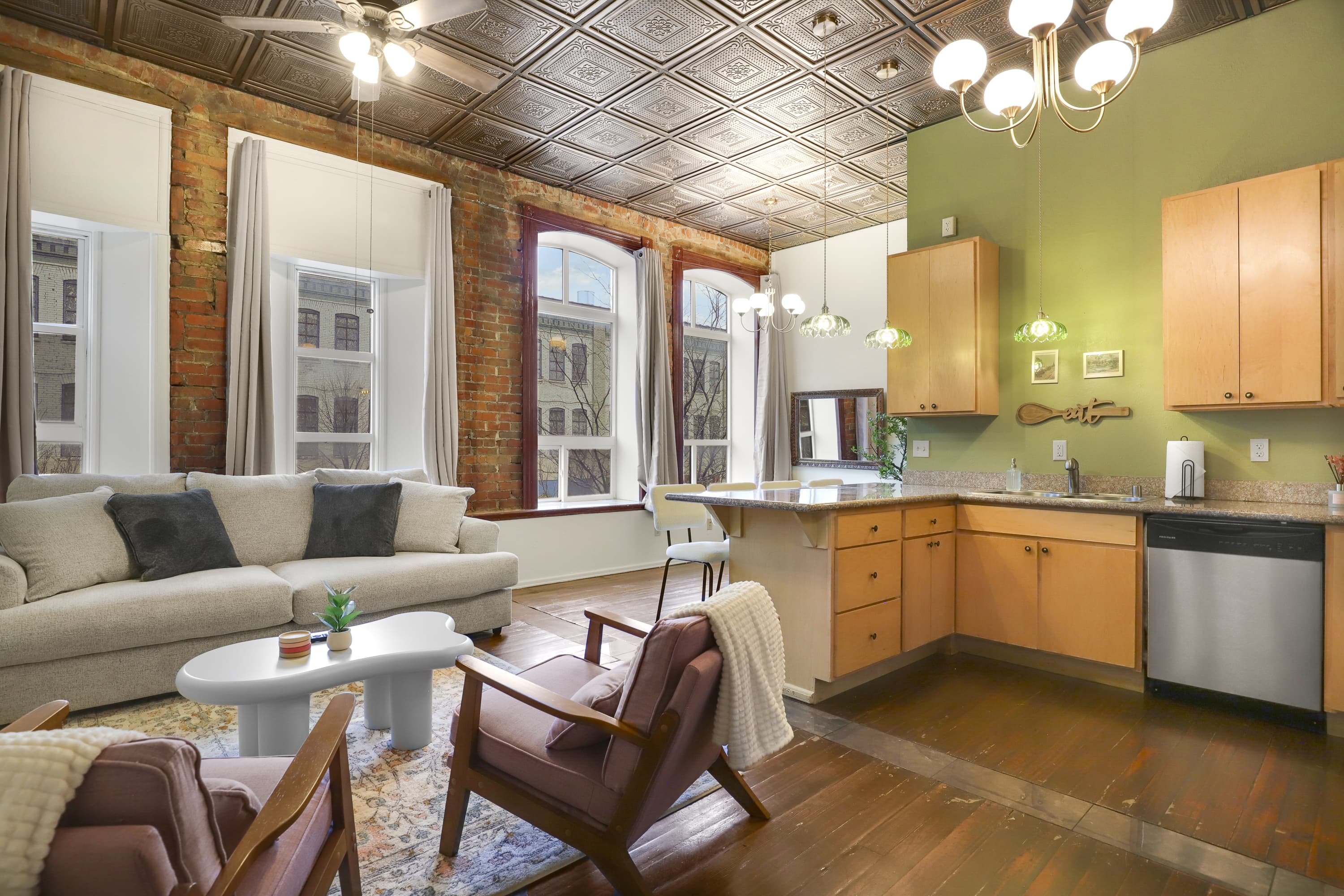 The Riverdale living area at The Cory Block Apartments